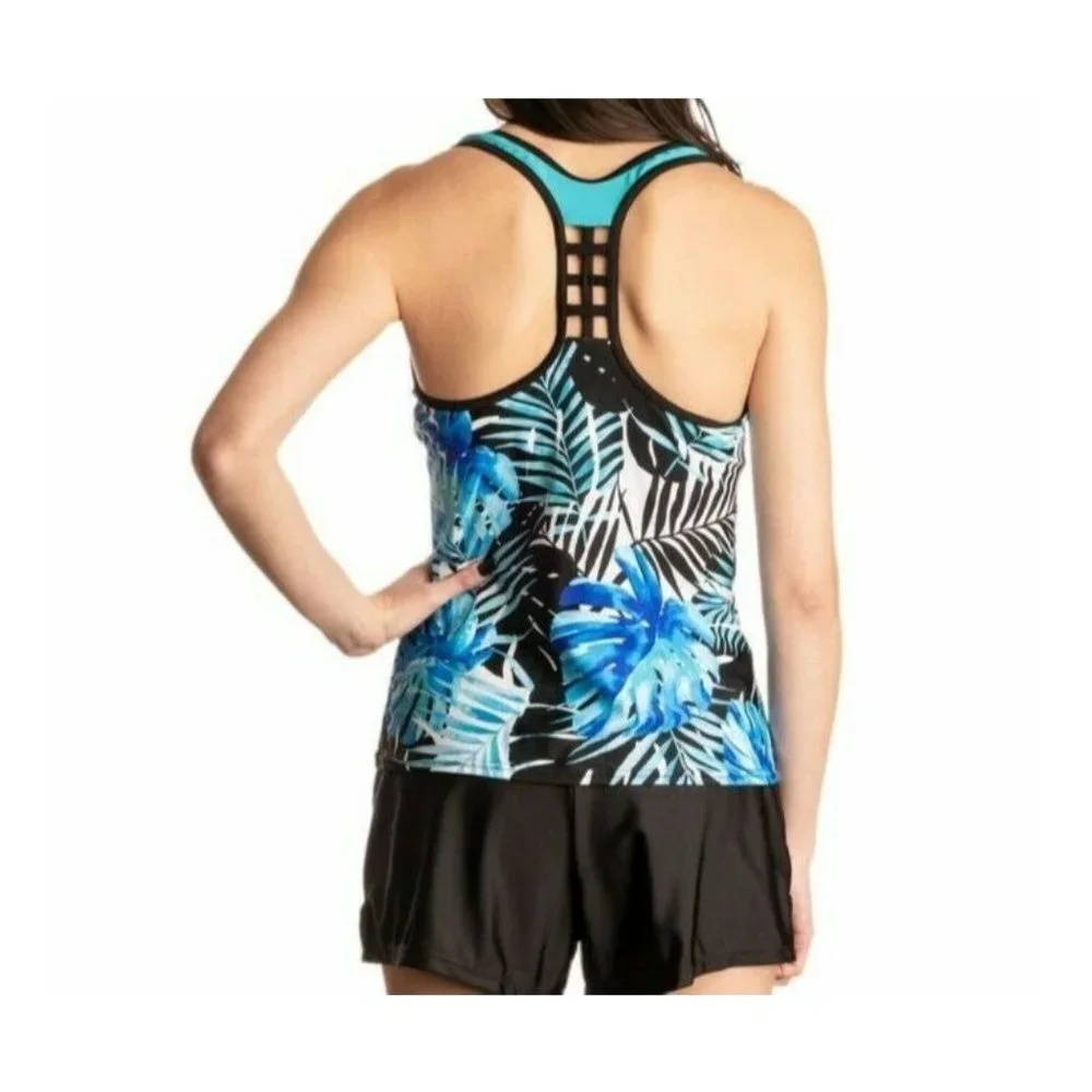 ZeroXposur Racerback Action Tankini Swimsuit Top Blue Palm UPF 50+ Sz Small NEW
